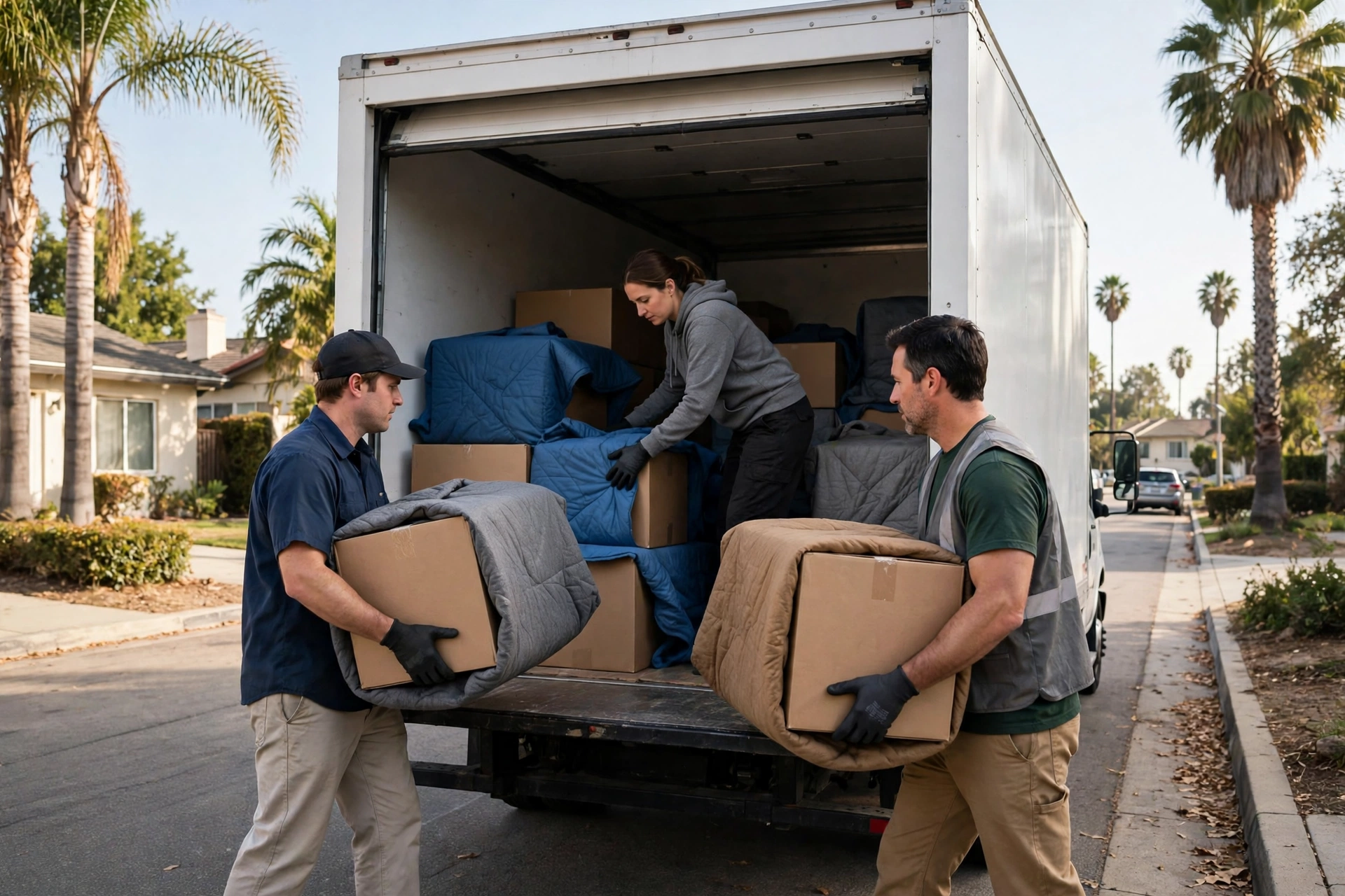 Movers loading sealed moving boxes into a truck on a sunny California street