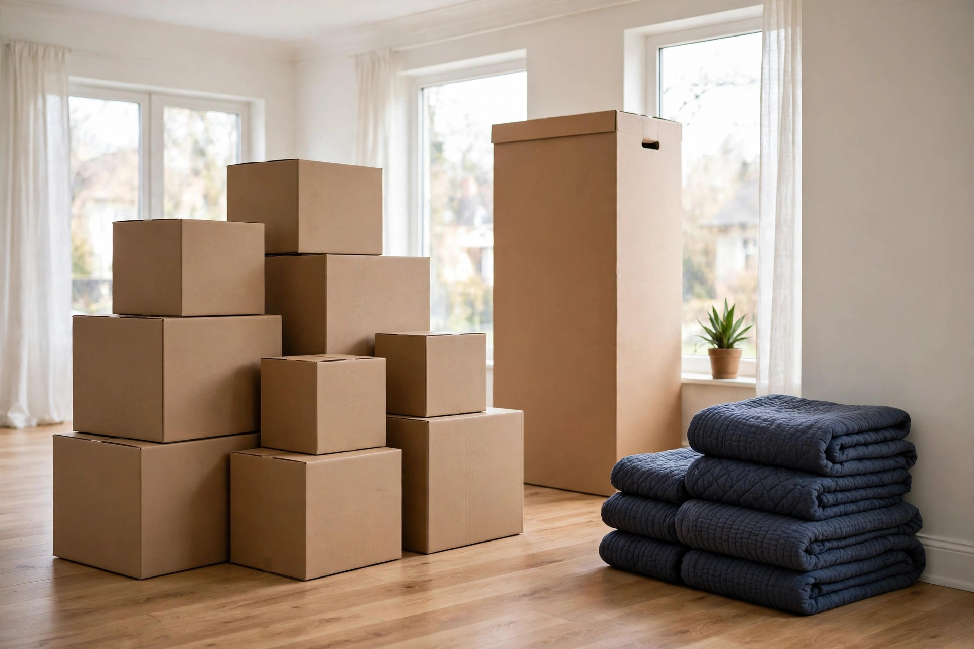 Neatly stacked moving boxes and a wardrobe box in a bright room